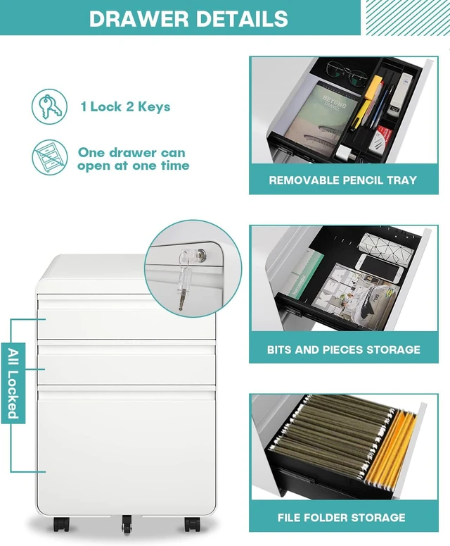 Dripex 3-Drawer Rolling File Cabinet, White