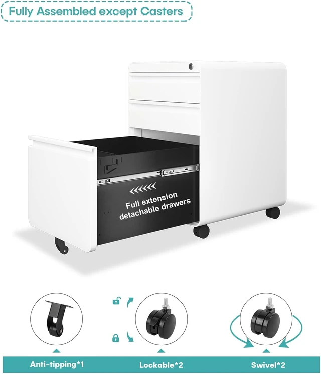 Dripex 3-Drawer Rolling File Cabinet, White