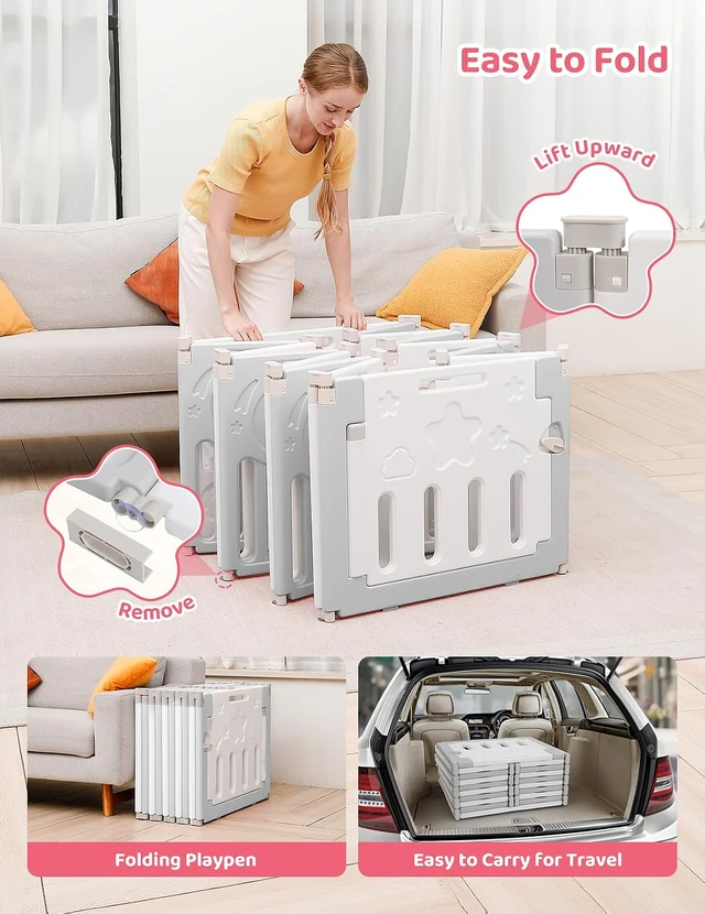 Dripex 14-Panel Foldable Baby Playpen, Grey and white