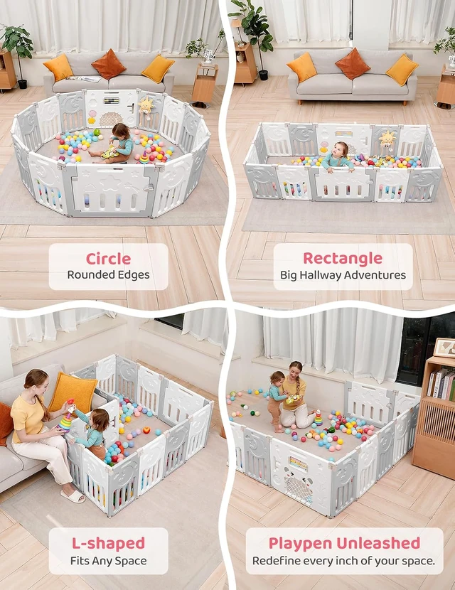Dripex 14-Panel Foldable Baby Playpen, Grey and white