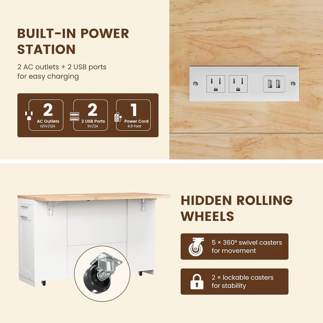Dripex 53-Inch Rolling Kitchen Island, White