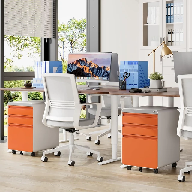 Dripex 3-Drawer Rolling File Cabinet, Orange and white